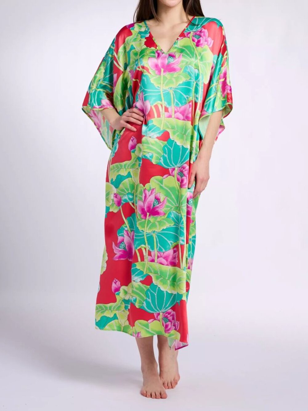 NATORI Ascendant Lotus Printed Satin Caftan, Pink Multi Women Size Large NWT - Picture 2 of 3